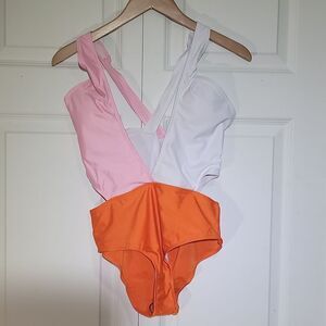 RETRO look Orange Block Deep-V One Pievce Swimsuit